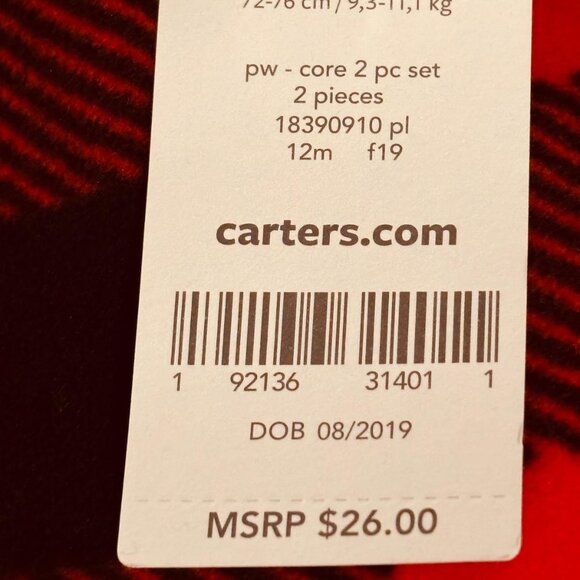 Carter’s Baby Boy 2-Piece Buffalo Plaid Fleece Outfit Set Red Black 12M - Picture 7 of 7